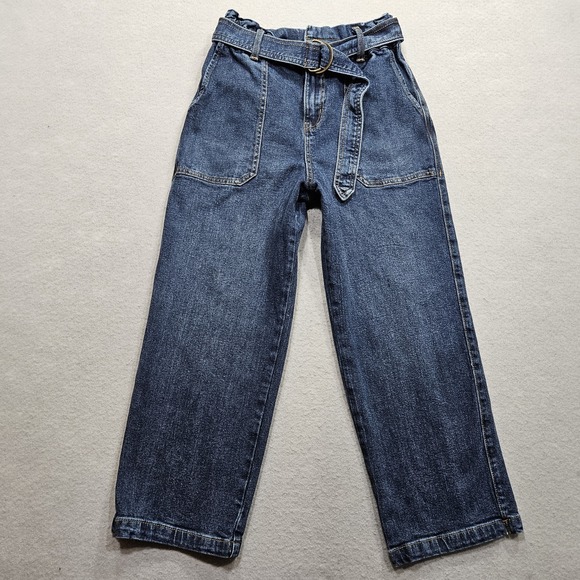 Time and Tru Denim - Time & Tru High Waist Paper Bag Jeans Womens 6 Blue Dark Wash w/ Belt Crop Capri